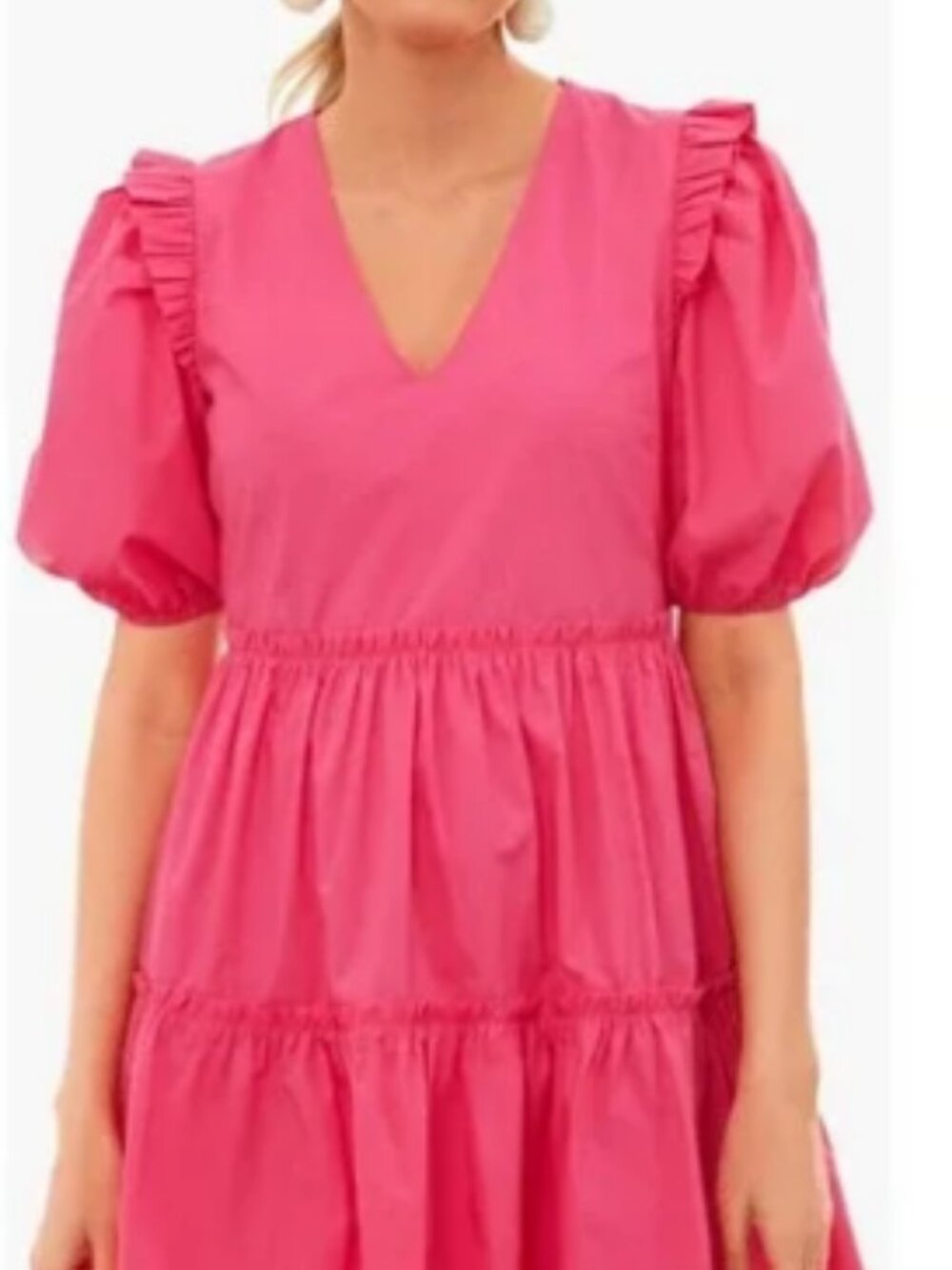 Puff-Sleeve Tiered Mini Dress in Hot Pink